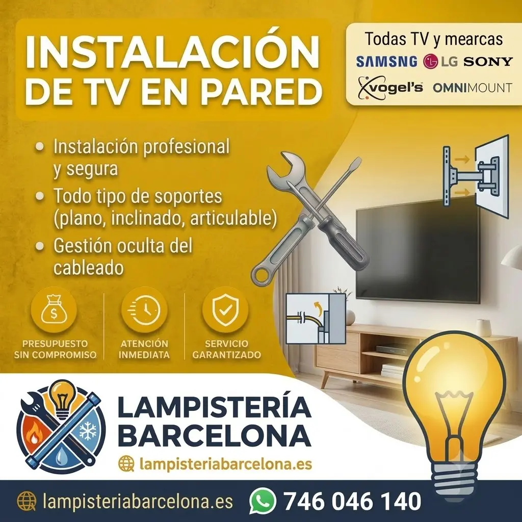 Instalación de televisor en pared con cables ocultos en Barcelona